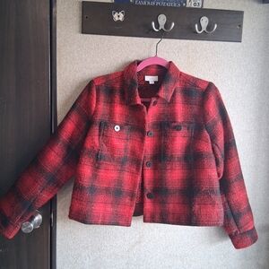 J. Jill Plaid Shacket Semi Cropped Brushed Fleece Texture Small Red & Black